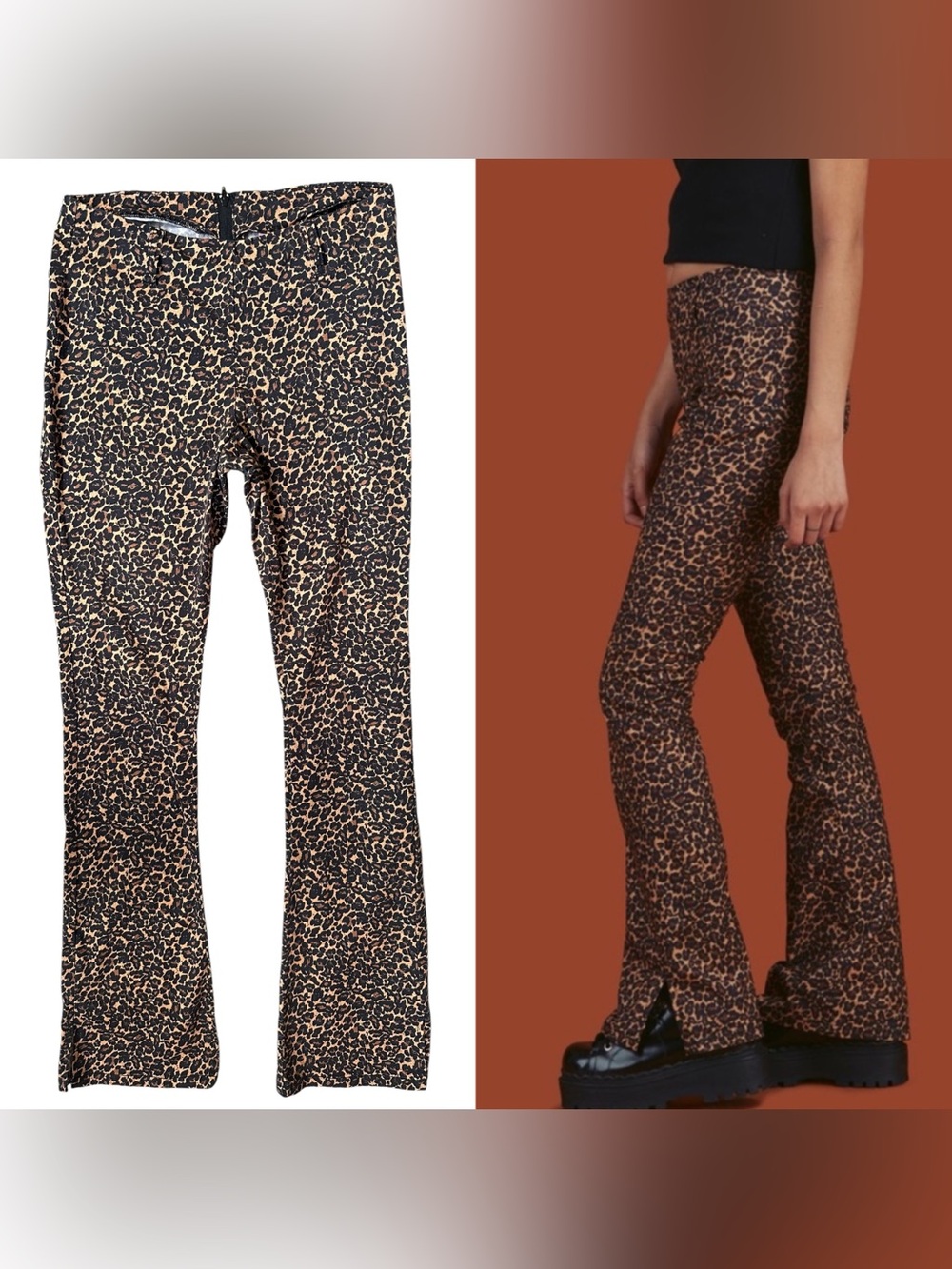 Y2K Unif Leopard Print Kick Flare Split Hem Low Rise Stretch Debbie Jeans Sz 26
